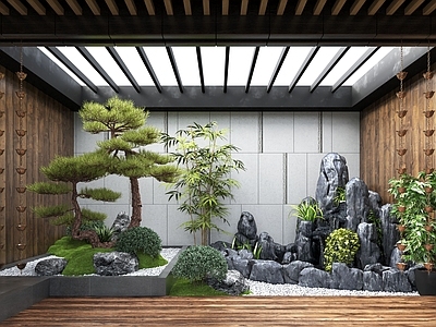 新中式别墅庭院 新中式禅意天井 下沉庭院 假山水景 迎客松 景观小品