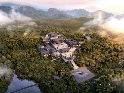 中式古建 寺庙鸟瞰规划