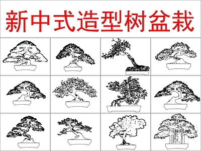 新中式中式树 造型盆栽 造型松盆景 施工图