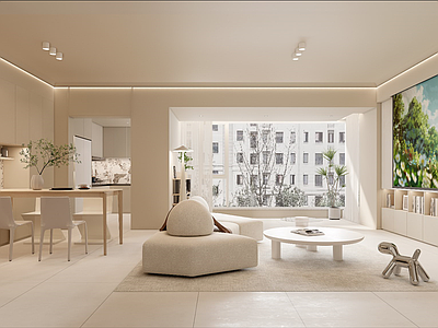 现代奶油别墅客厅 奶油风客餐厅 卧室 卫生间