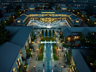 中式新中式古建 商业街 夜景半鸟瞰
