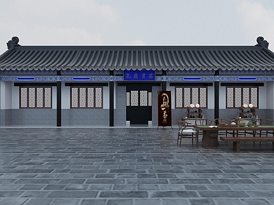 中式古建 古建 头 茶饭 旗帜 茶桌