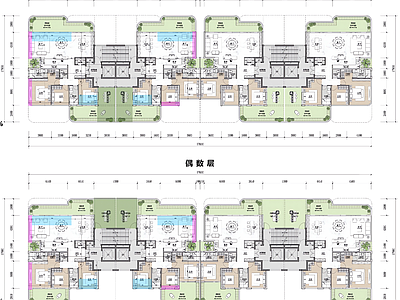 现代住宅楼建筑 四代宅户型方案 140160户型 空中 施工图