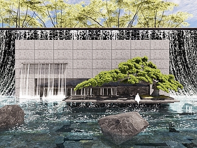 新中式现代庭院小品 新中式水景 造景 松 水景