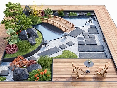 新中式庭院小品 新中式禅意庭院 景观植物堆 休闲座椅 灌木堆 钉步