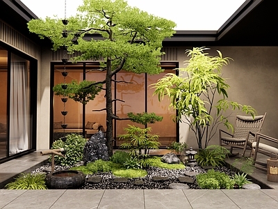 新中式乡村庭院 中庭天井庭院 室内造景 摇椅