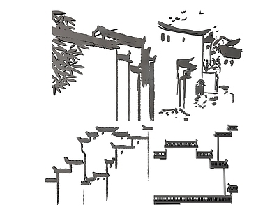 新中式挂件 2D徽派建筑墙饰 江南古镇图案图标 马头墙标识雕花 徽派建筑剪影剪纸 镂空线条水乡古镇