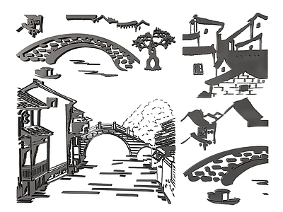 新中式挂件 2D徽派墙饰 江南古镇图案图标 徽派剪影剪纸 马头墙雕花 镂空线条水乡古镇