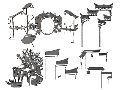 新中式挂件 2D徽派建筑墙饰 江南古镇图案图标 马头墙标识雕花 徽派建筑剪影剪纸 镂空线条水乡古镇