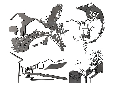 新中式挂件 2D徽派墙饰 江南古镇图案图标 马头墙雕花 徽派剪影剪纸 镂空线条水乡古镇
