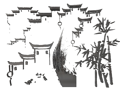 新中式挂件 2D徽派墙饰 江南古镇图案图标 马头墙雕花 徽派剪影剪纸 镂空线条水乡古镇
