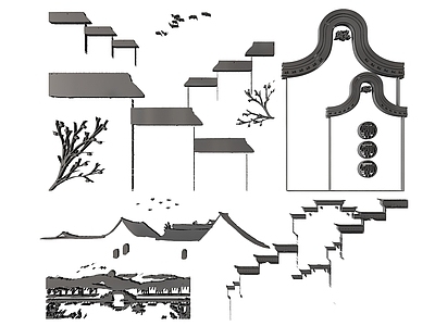 新中式挂件 2D徽派墙饰 江南古镇图案图标 马头墙雕花 徽派剪影剪纸 镂空线条水乡古镇