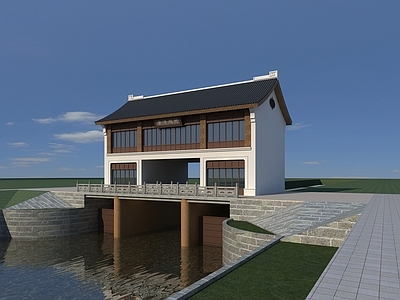 现代中式古建 中式建筑 水坝建筑