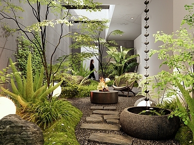 植物组合 天井庭院花园 室内植物造景 花草 植物堆 下沉庭院景观