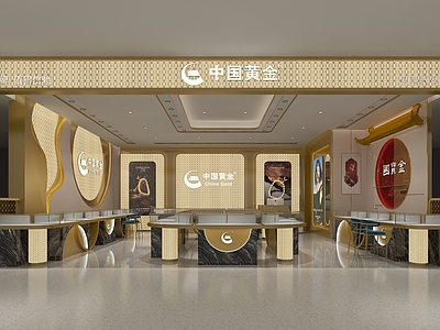 现代新中式珠宝店 中国黄金 國寳金 珠宝柜台 装饰画 中式屋檐