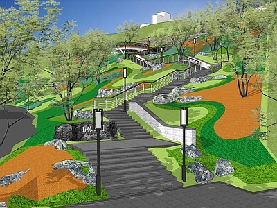 现代新中式景观公园 地公园 登人行步道 台阶阶梯 体公园栈道阶梯 台阶高差地形处理