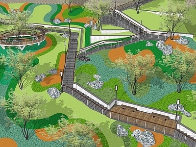 现代新中式景观公园 地公园 登台阶步道 台阶阶梯栈道 观景瞭望木平台 高差地形花海设计