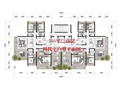 现代住宅楼建筑 四代宅户型图 T2高层四代宅 空中园创新户型 施工图