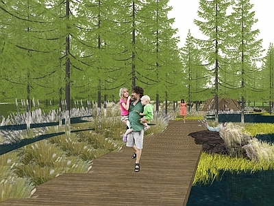 现代景观公园 生态湿地公园景观 滨水自然驳岸线 芦苇水草水生植物 水杉森林林下空间 野趣雨水花园