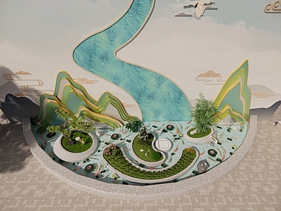 现代中式校园景观 墙 微 假 水景