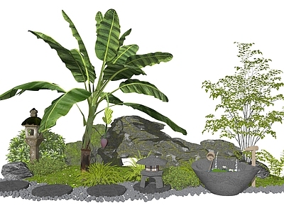 植物组合 庭院小品 景观石头 植物景观造景 汀步 芭蕉