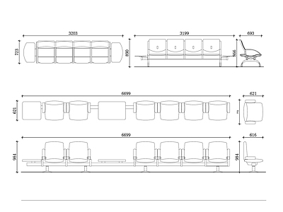 现代医院 候诊椅前视图 候诊椅侧视图 候诊椅俯视图 候诊椅细节图 候诊椅布局图 施工图