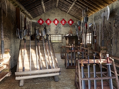 中式展览馆建筑 武器展览馆 冷兵器仓库 刀剑矛库房 乡村博物馆 村史馆展示