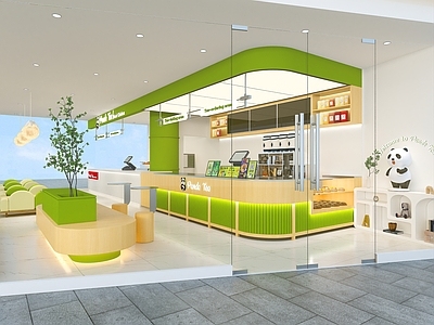 现代新中式奶茶店 绿色 木纹 熊猫 高级
