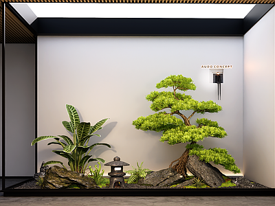 新中式庭院小品 室内庭院小品 景观造景 罗汉松 植物景观