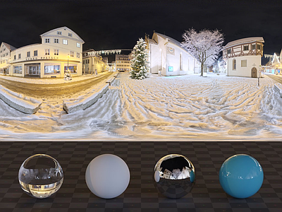 欧式北欧小区HDR 街道雪景HDR 冬季小区道路全景 乡村小镇雪地 小区别墅夜景
