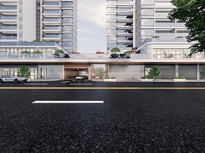 现代轻奢小区建筑 商业裙房 车库入口 小区住宅