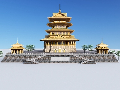 现代新中式古建 新中式阁 古建阁 金色新中式阁
