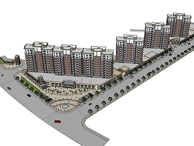 复古小区建筑 风格小区 底商 大门喷泉
