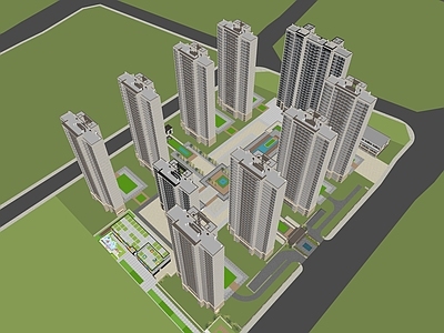现代新中式小区建筑 小区鸟瞰 幼儿园 高层建筑 小区景观
