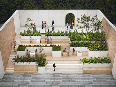 现代台阶景观 下沉台阶 木平台 树池种植池