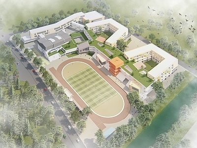 现代学校建筑 现代中小学总平面 彩色总图 施工图