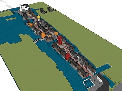 新中式现代简模规划 商业水街 建模 体块