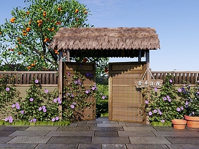 新中式其他景观小建筑 中式乡村庭院 民宿花园小院 牵牛花爬藤 喇叭花滕蔓花卉 花园围墙院