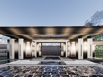 新中式入口大门 飘板 景墙 社区大门