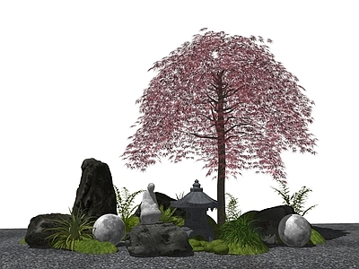 植物组合 新中式庭院小品 小品 流泉枫树 造型树