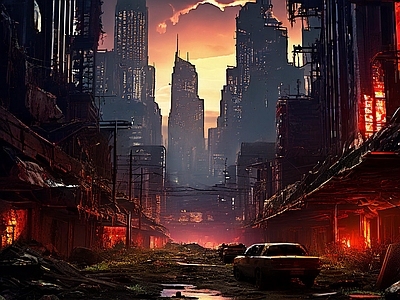 现代街道外景 废墟 战争 破旧 夕阳 废土