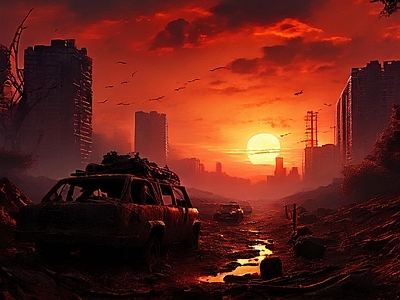 现代街道外景 夕阳 破碎 废墟 灾难 战争