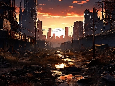 现代街道外景 夕阳 城市 破碎 废墟 灾难