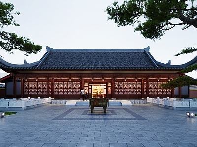 中式其他建筑外观 中式庭院寺庙 香炉 松树 寺庙 地灯