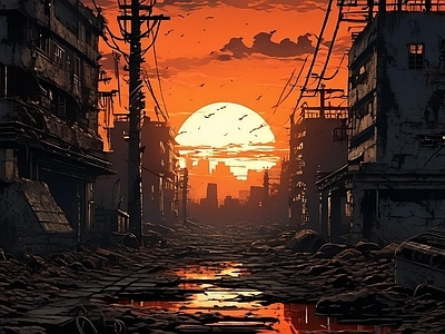 现代街道外景 夕阳 城市 街道 废土 废墟