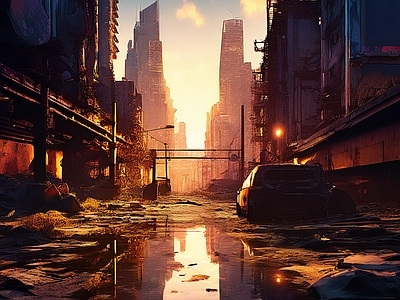 现代街道外景 城市黄昏 夕阳 末日 废土 废墟