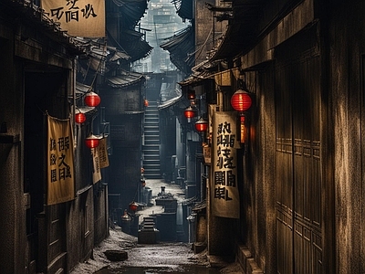 现代街道外景 小巷 街道 老建筑 木屋 废土