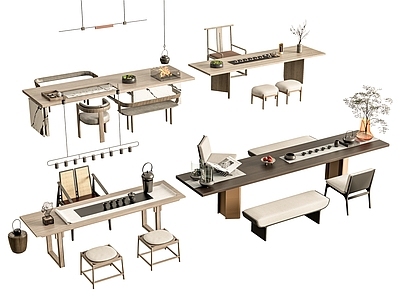 新中式茶桌椅 茶台茶桌椅 休闲椅太师椅 茶具茶壶 实木茶桌 墩子绿植盆栽