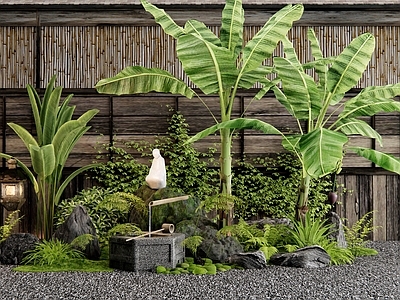 日式庭院小品 植物组合 水钵水景 石头 芭蕉树 花草