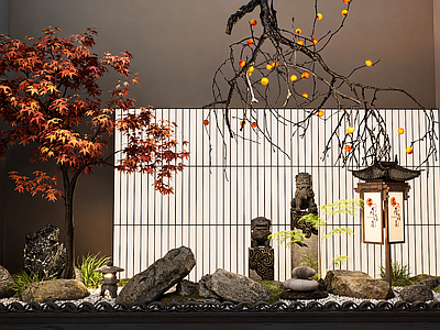 新中式庭院小品 新中式庭院小品 景观造景石头 红枫植物 栓马柱石狮子